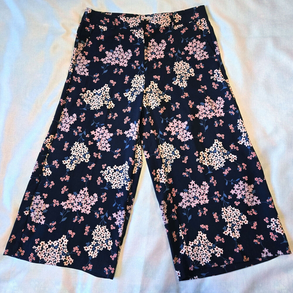 LOFT Outlet Navy Floral Wide Leg Ankle Trousers Size Small Petite